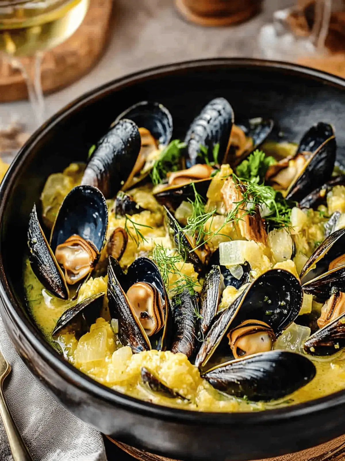 Mussels in Fennel Saffron Wine Sauce