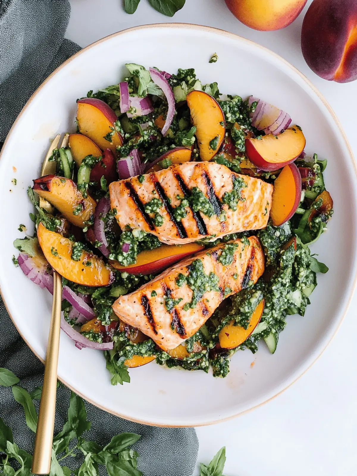 Summer Salmon Salad with Grilled Peaches and Chimichurri