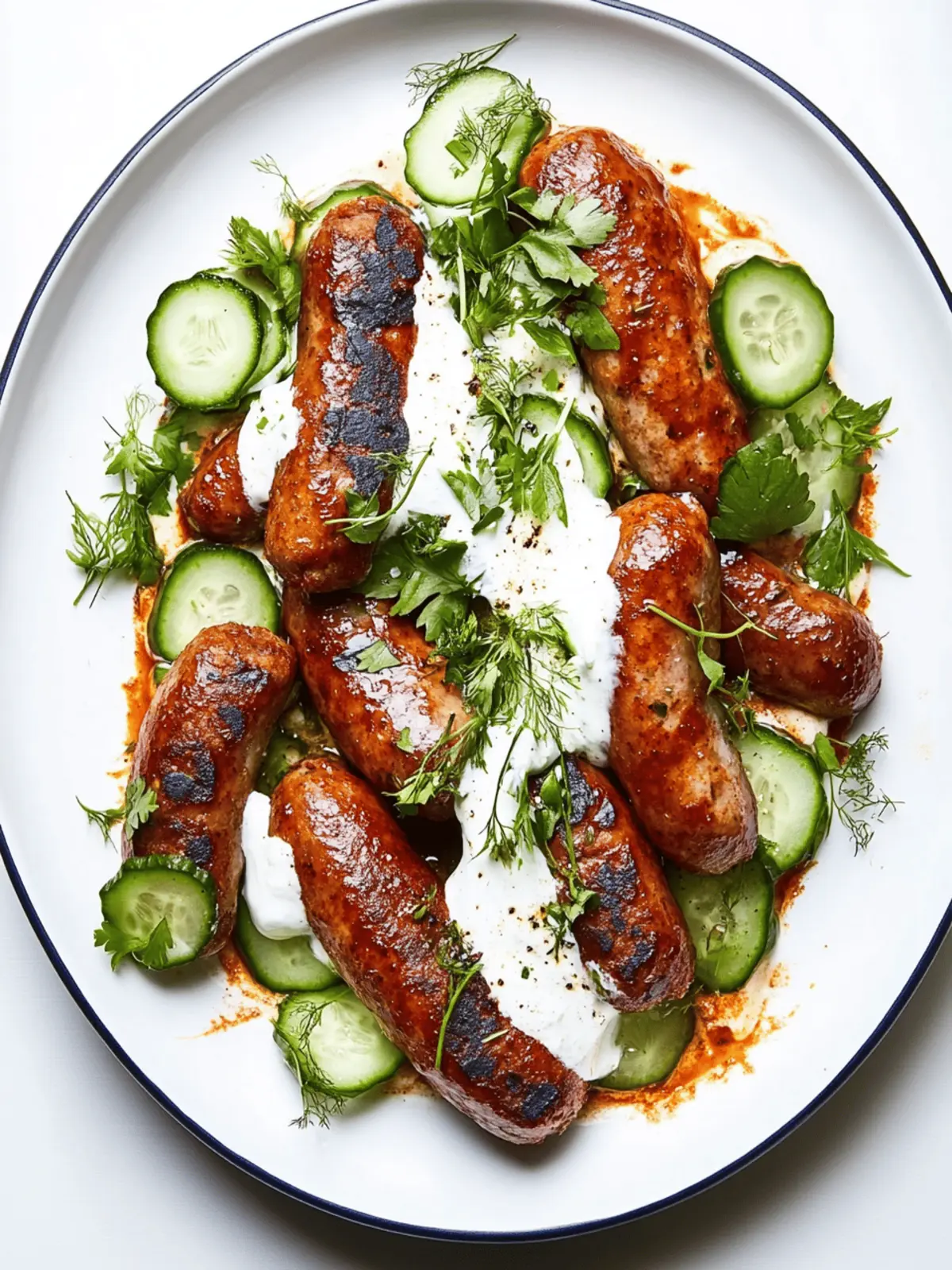 Spicy Merguez Sausage with Harissa and Cucumber Yogurt