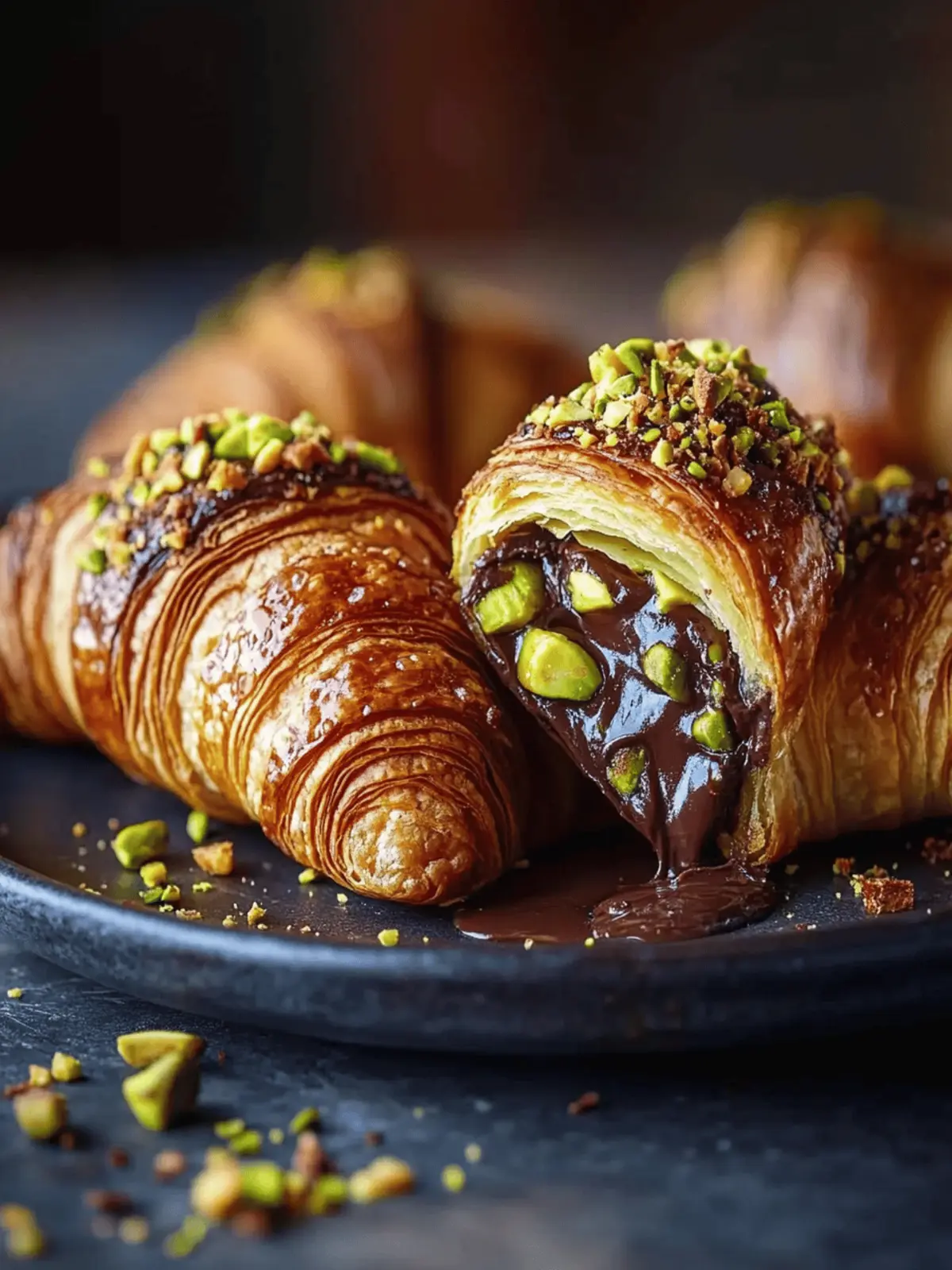Pistachio Chocolate Croissant with Melted Ganache and Crunchy Topping