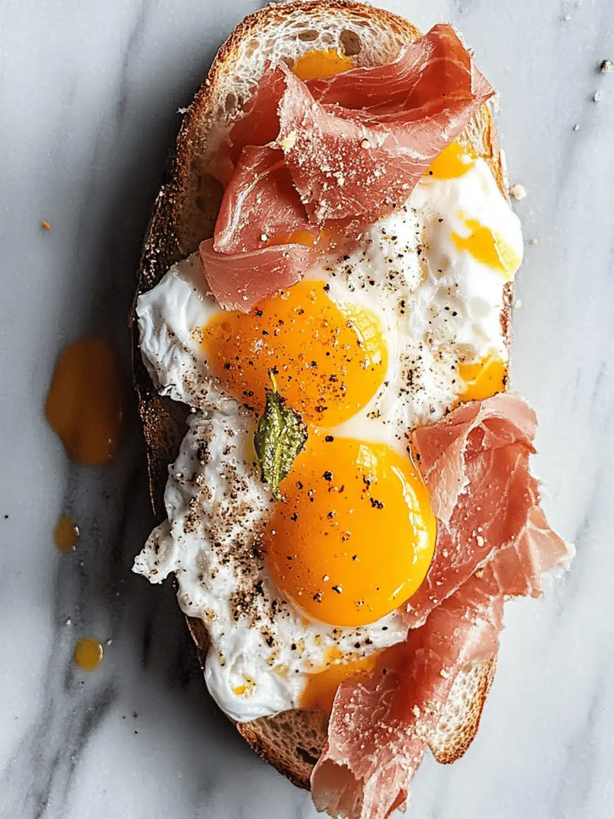 Fried Egg Yolk, Burrata and Prosciutto Toast