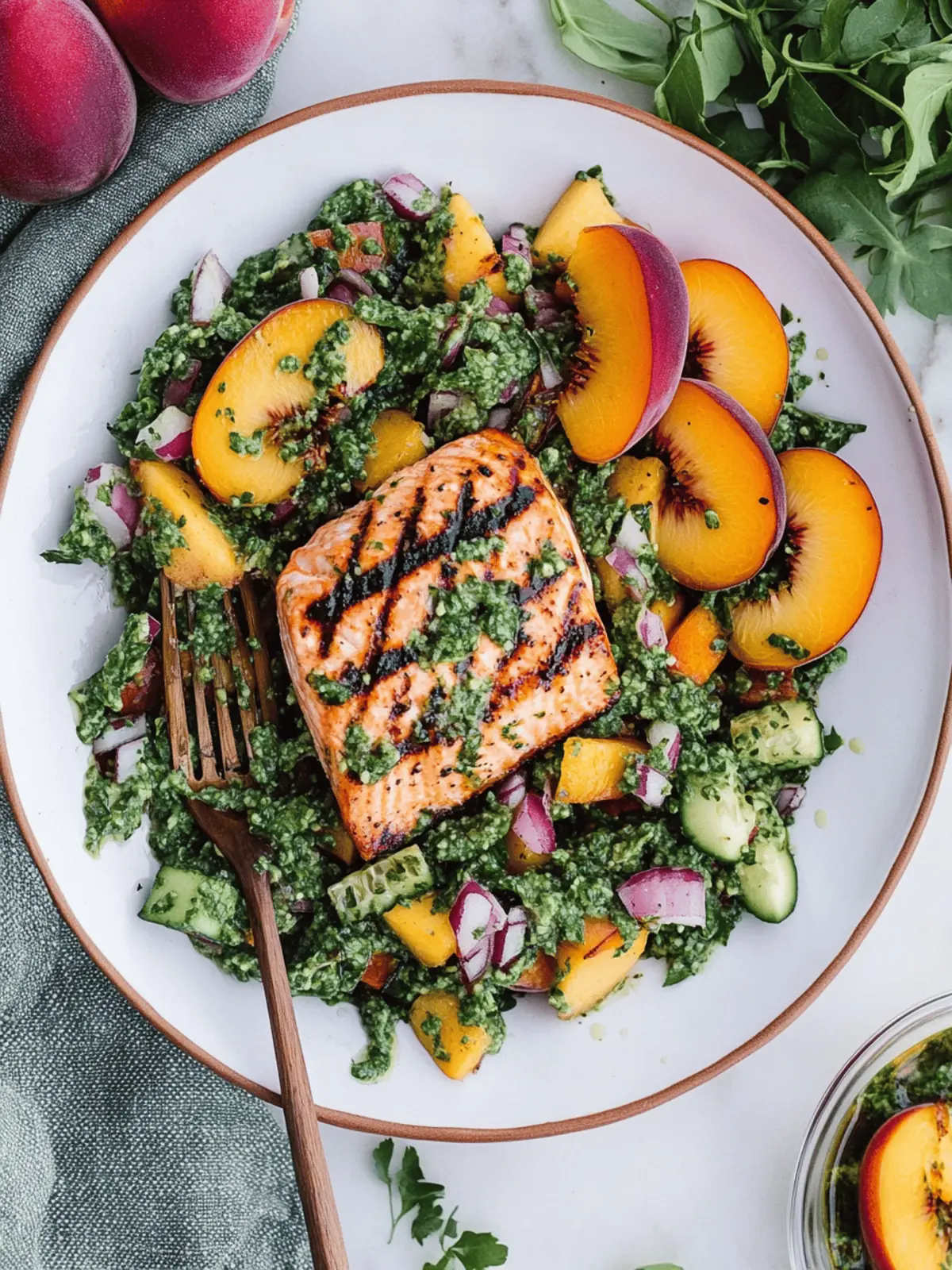 Summer Salmon Salad with Grilled Peaches and Chimichurri