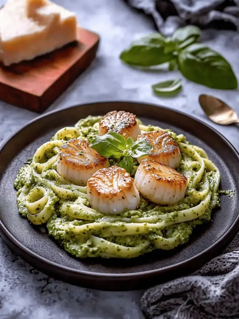 Creamy Pesto Pasta with Seared Scallops