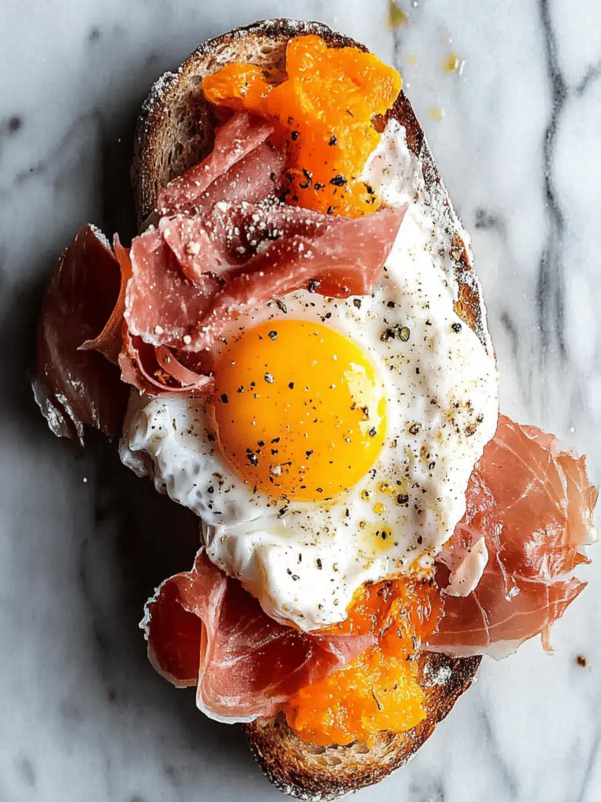 Fried Egg Yolk, Burrata and Prosciutto Toast