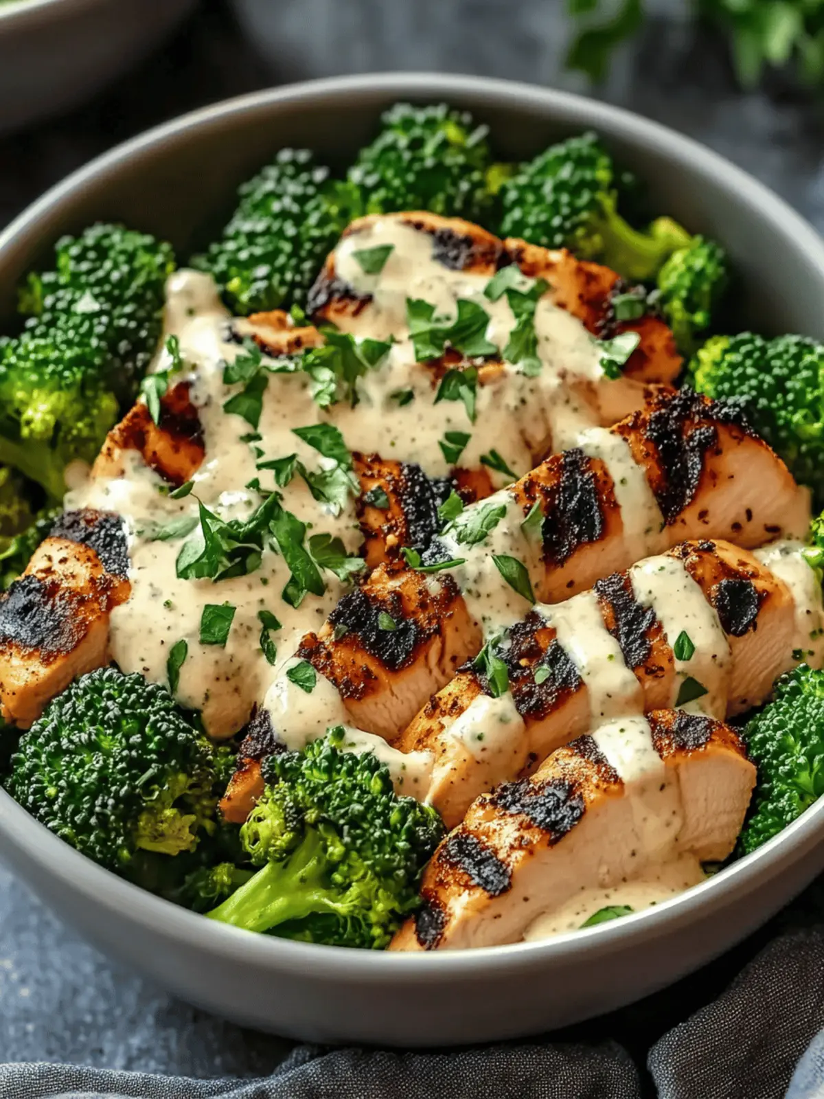 Grilled Chicken & Broccoli Bowls with Creamy Garlic Bliss 4 Grilled Chicken & Broccoli Bowls with Creamy Garlic Sauce