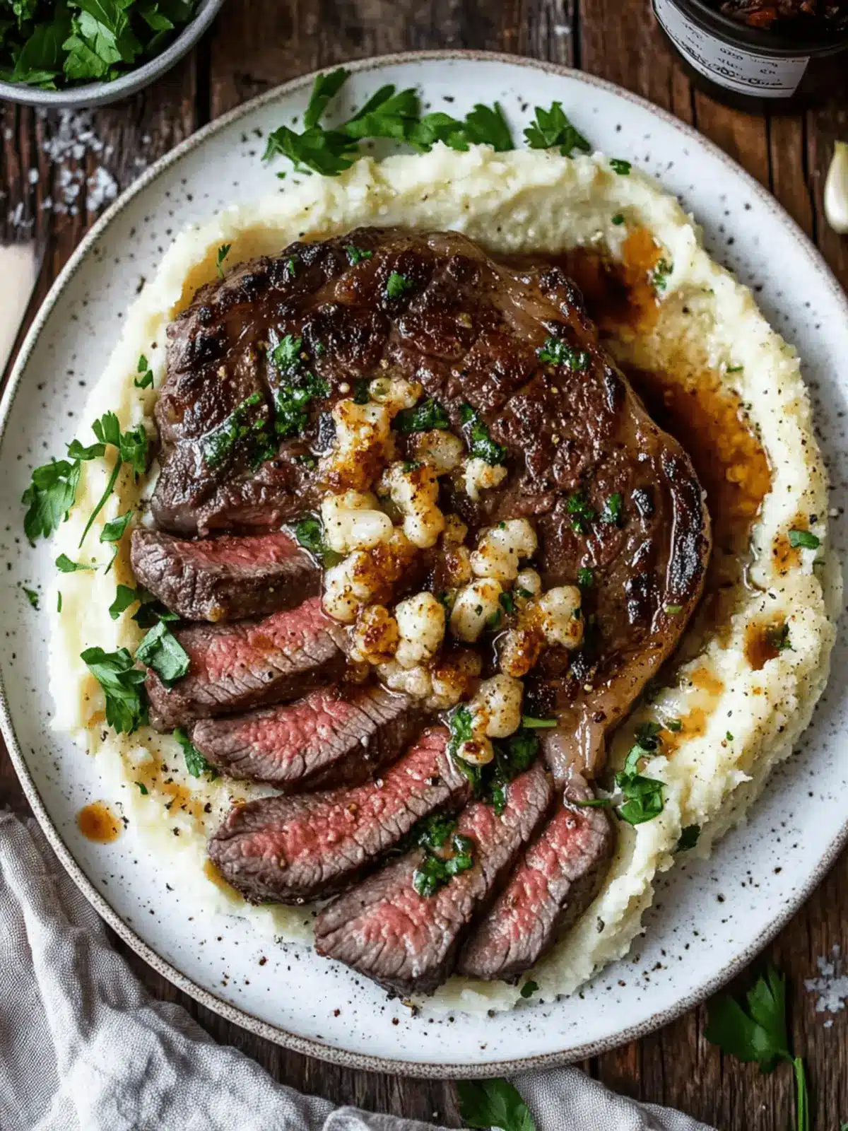 Brown Butter Steak with Roasted Garlic Whipped Cauliflower