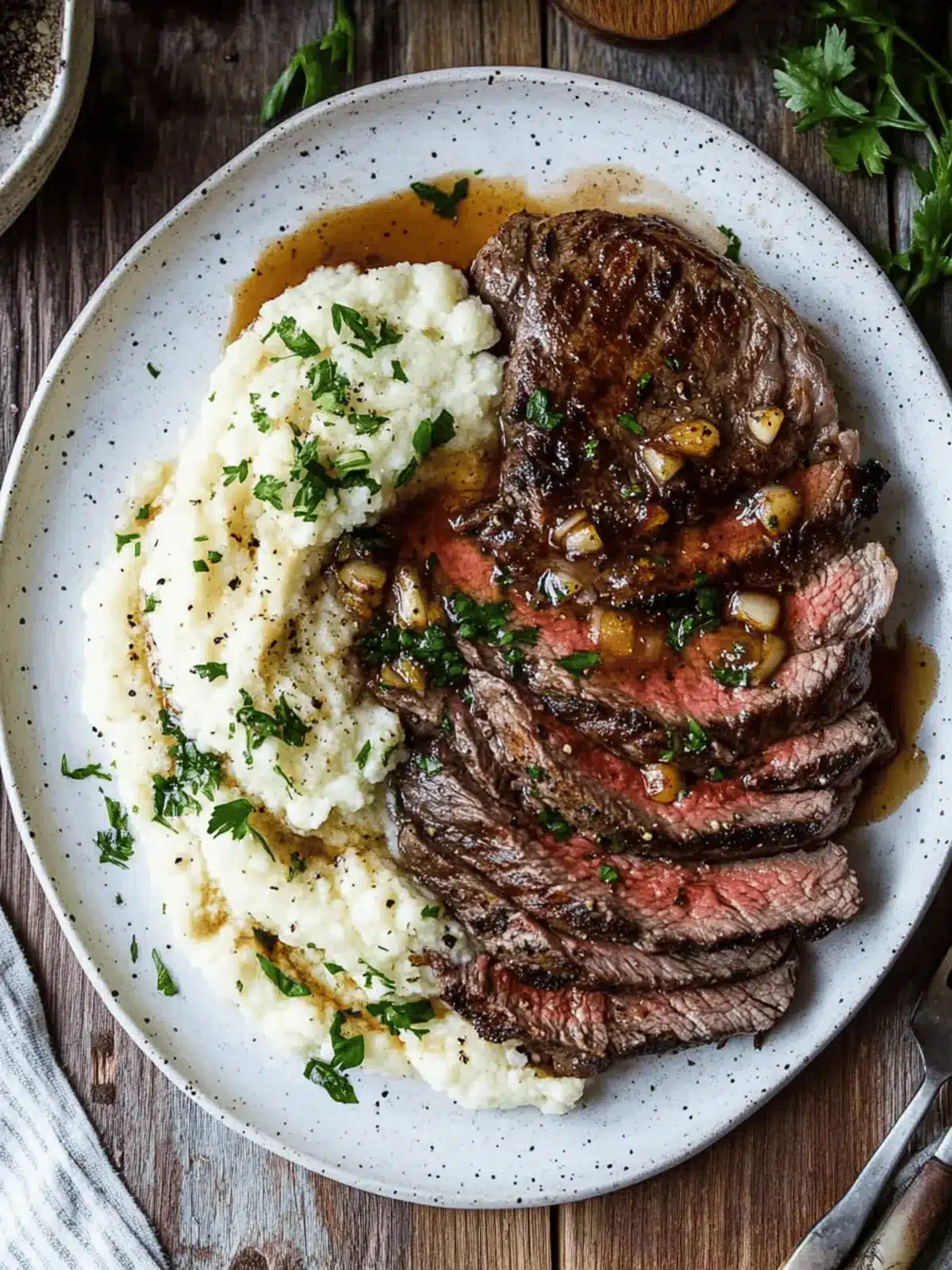 Brown Butter Steak with Roasted Garlic Whipped Cauliflower