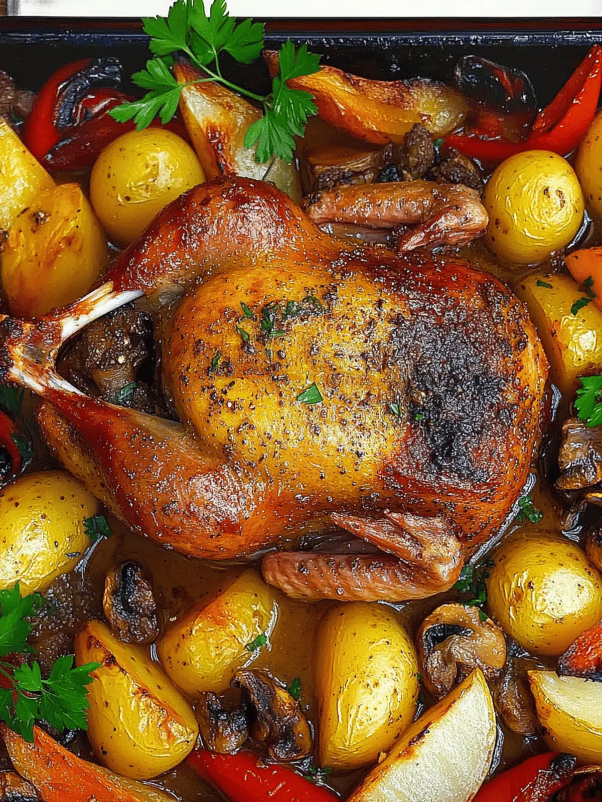 Roasted Duck in Wine with Potatoes, Peppers and Mushrooms Delight 3 Roasted Duck in Wine with Potatoes, Peppers and Mushrooms