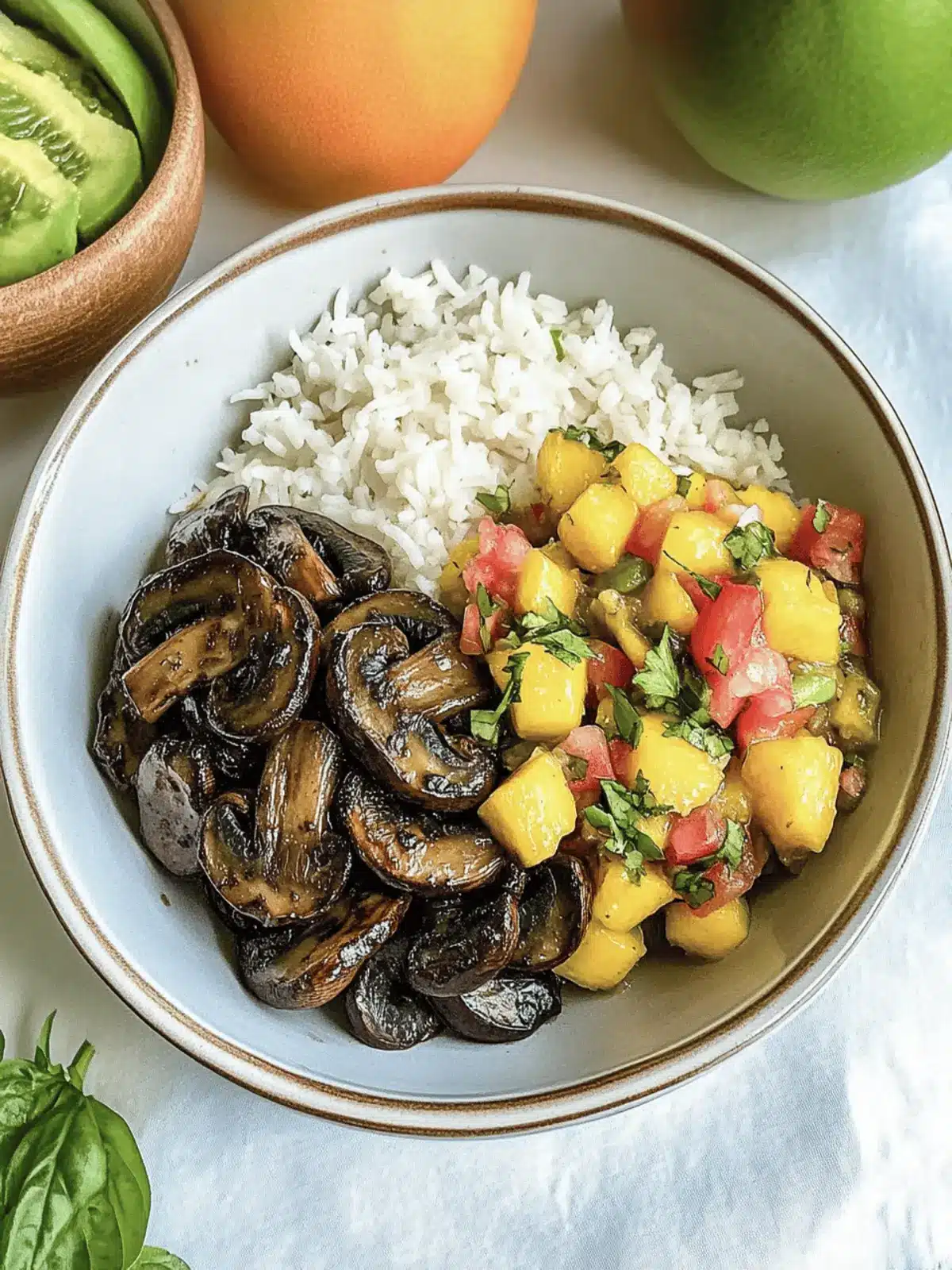 Jerk Mushrooms with Mango Salsa and Coconut Rice