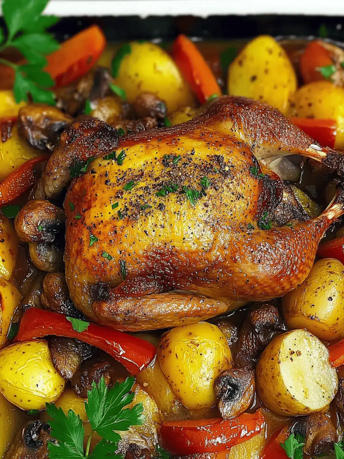 Roasted Duck in Wine with Potatoes, Peppers and Mushrooms