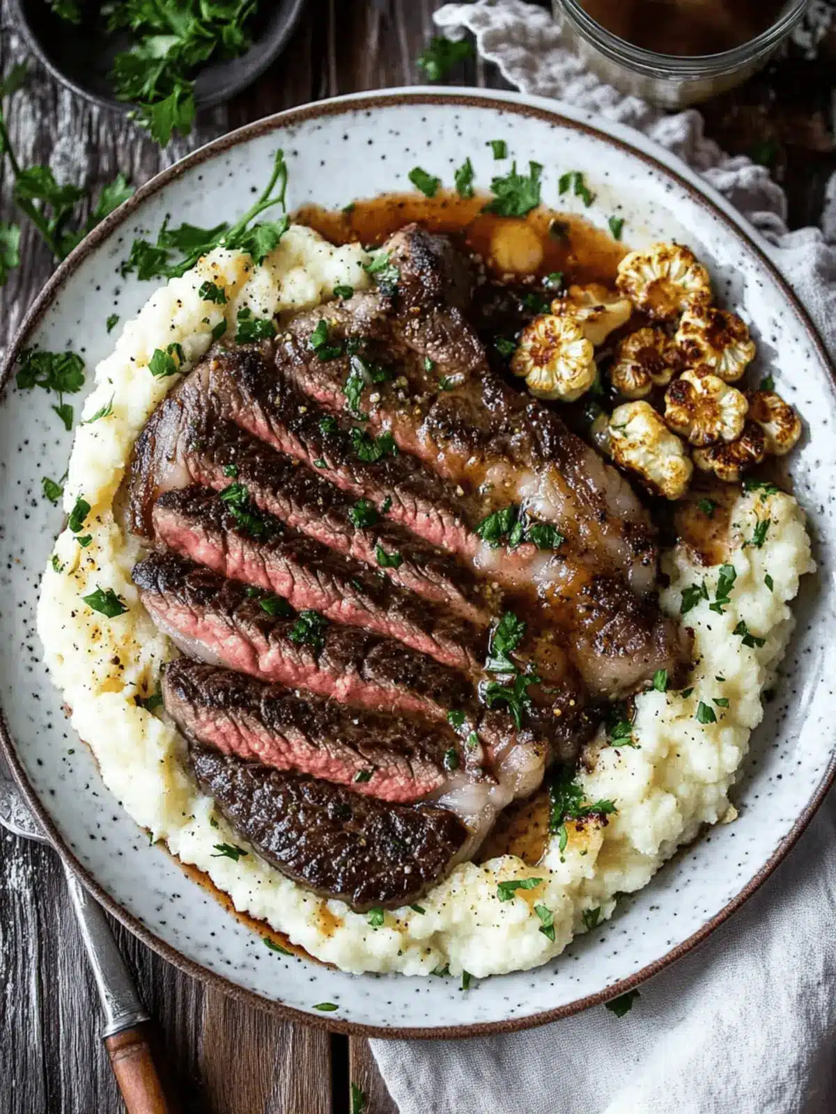 Brown Butter Steak with Roasted Garlic Whipped Cauliflower