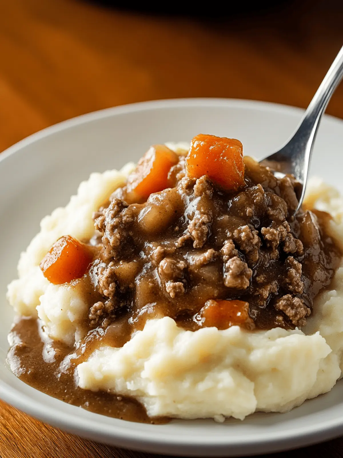 Ground Beef and Gravy Over Mashed Potatoes