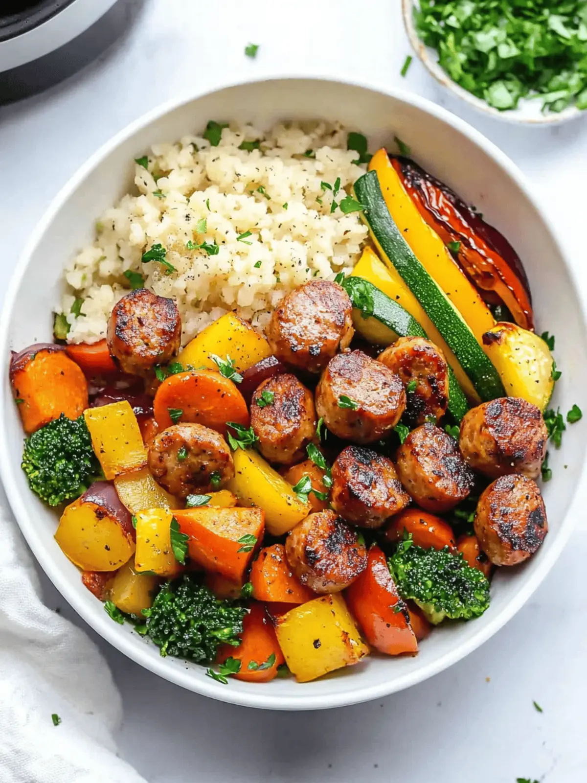 10 Minute Air Fryer Chicken Sausage and Veggies