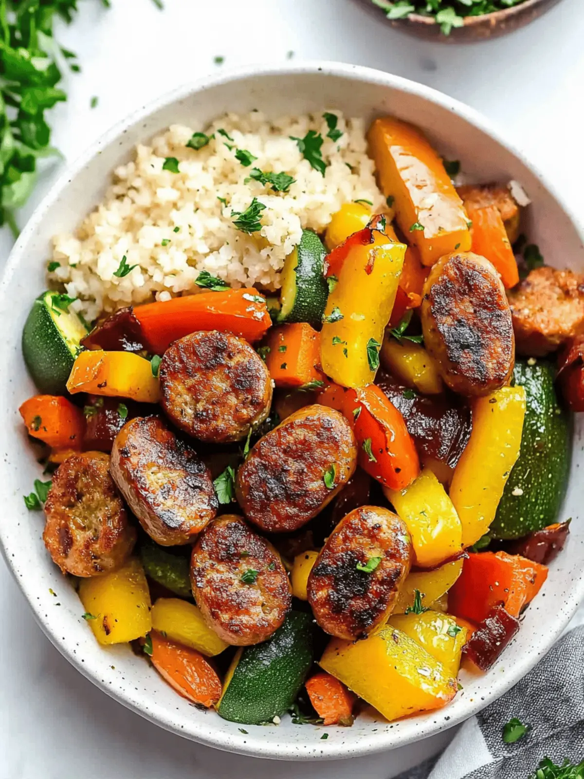 10 Minute Air Fryer Chicken Sausage and Veggies